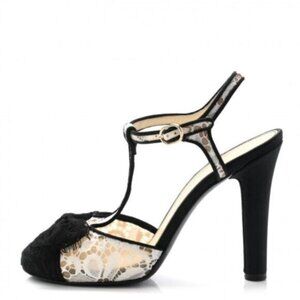 CHANEL Black and Cream Lace T-Strap High Heel Sandals